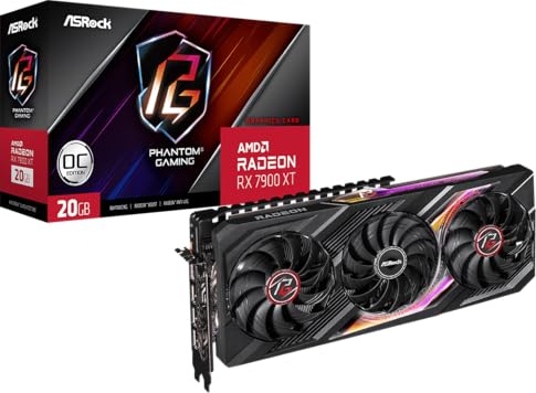 ASRock AMD Radeon™ RX 7900 XT Phantom Gaming 20GB OC Graphics Card 320 Bit 7680 x 4320 0dB Silent Cooling 3 x DisplayPort™ 2.1 GDDR6 1 x HDMI™ 2.1 20Gbps PCI Express 4.0