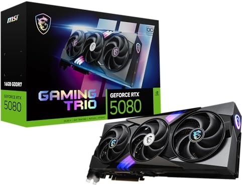 MSI GeForce RTX 5080 16G Gaming Trio OC Graphics Card - RTX 5080 GPU, 16GB GDDR7 (30Gbps/256-bit), PCIe 5.0 - TRI FROZR 4 (3 x STORMFORCE Fan), Gaming & Silent Mode, RGB - HDMI 2.1b, DisplayPort 2.1b