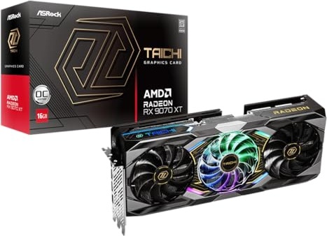 ASRock Radeon RX 9070 XT Taichi 16GB OC Graphics Card, AMD RDNA 4 Architecture, 16GB GDDR6, PCIe 5.0, Taichi 3X Cooling, Reverse Spin, Dual BIOS, 16‑Phase SPS, Polychrome SYNC