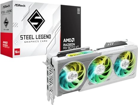 ASRock AMD Radeon RX 9070 XT Steel Legend 16GB White GPU 20Gbps GDDR6 256Bit (3rd Gen RT 2nd Gen AI Accelerators) PCIe5.0 800W 2x8-pin Triple Fan DP2.1a HDMI2.1b Graphics Card 2.9 Slot