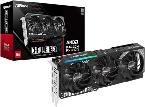 ASRock Radeon RX 9070 Challenger 16GB OC Graphics Card, AMD RDNA 4, 16GB GDDR6, PCIe 5.0, Triple Fans, 0dB Silent, LED Indicator, DisplayPort 2.1a, HDMI 2.1b