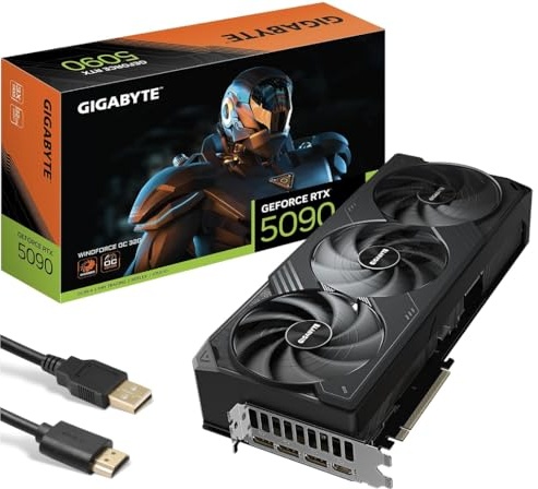 GIGABYTE Windforce GeForce RTX 5090 OC 32GB GDDR7 Graphic Card GPU GV-N5090WF3OC (Blackwell Architecture and DLSS, 3 Fans, Reinforced Structure, Server-Grade Thermal Conductive Gel) with HDMI Cable.