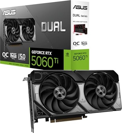 ASUS Dual GeForce RTX™ 5060 Ti 16GB GDDR7 OC Edition Graphics Card, NVIDIA, Desktop (PCIe 5.0, DLSS 4, HDMI 2.1b, DisplayPort 2.1b, 2.5-Slot, Axial-tech Fan, 0dB Technology)
