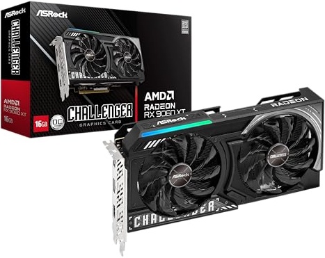 ASRock Radeon RX 9060 XT Challenger 16GB GDDR6 OC Graphics Card | 3300 MHz Boost | Dual Fan | 0dB Cooling | Metal Backplate | PCIe 5.0 | DisplayPort 2.1a, HDMI 2.1b