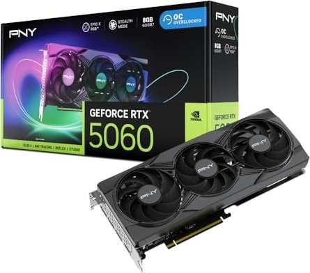 PNY NVIDIA GeForce RTX™ 5060 Epic-X™ ARGB OC Triple Fan, Graphics Card (8GB GDDR7, 128-bit, SFF-Ready, PCIe® 5.0, HDMI®/DP 2.1, 2-Slot, NVIDIA Blackwell Architecture, DLSS 4)