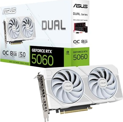 ASUS Dual NVIDIA GeForce RTX™ 5060 8GB GDDR7 White OC Edition Graphics Card, Desktop (PCIe 5.0, DLSS 4, HDMI 2.1b, DisplayPort 2.1b, 2.5-Slot, Axial-tech Fan, Dual BIOS), 3 Year Warranty