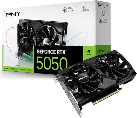 PNY NVIDIA GeForce RTX™ 5050 Dual Fan, Graphics Card (8GB GDDR6, 128-bit, SFF-Ready, PCIe® 5.0, HDMI®/DP 2.1, 2-Slot, NVIDIA Blackwell Architecture, DLSS 4)